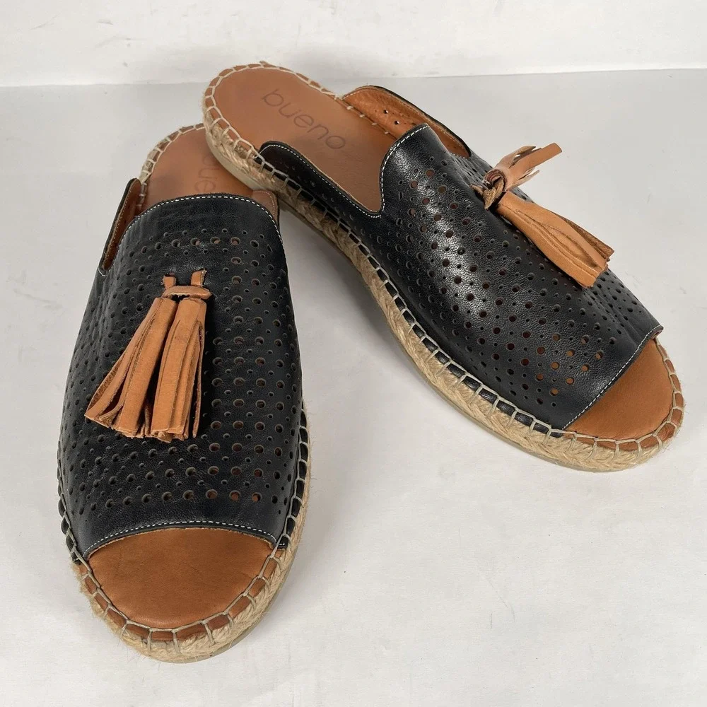 Bueno Shoes Espadrille Womens Size 42 Black Leather Slip On Tassel Mule Flats